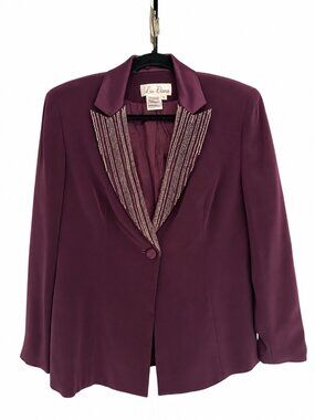 Liz Elana Vintage Beaded Lapel Blazer Deep Plum Size 8 Satin Evening